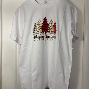 🎄 AD WEAR “Merry Christmas Trees” Tee | Plaid & Leopard Print Design LARGE